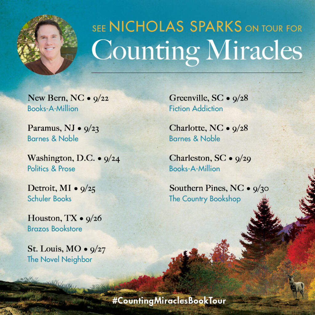 Nicholas Sparks Tickets are now on sale for the Counting Miracles Book Tour!